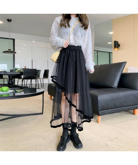 Black Irregular Patchwork Tulle Fairy Skirt High Waist Beige Midi Length Skirts Spring Summer 2023 Korean Fashion Women $34.3...