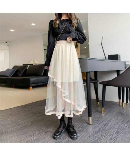 Black Irregular Patchwork Tulle Fairy Skirt High Waist Beige Midi Length Skirts Spring Summer 2023 Korean Fashion Women $34.3...