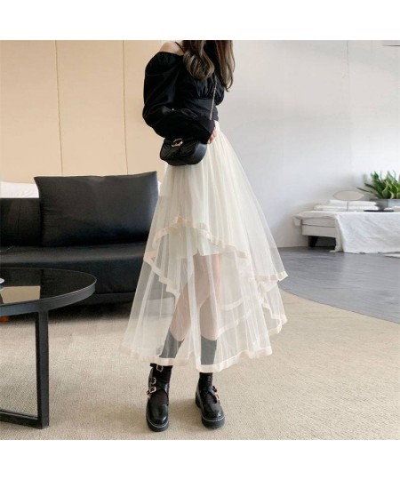 Black Irregular Patchwork Tulle Fairy Skirt High Waist Beige Midi Length Skirts Spring Summer 2023 Korean Fashion Women $34.3...