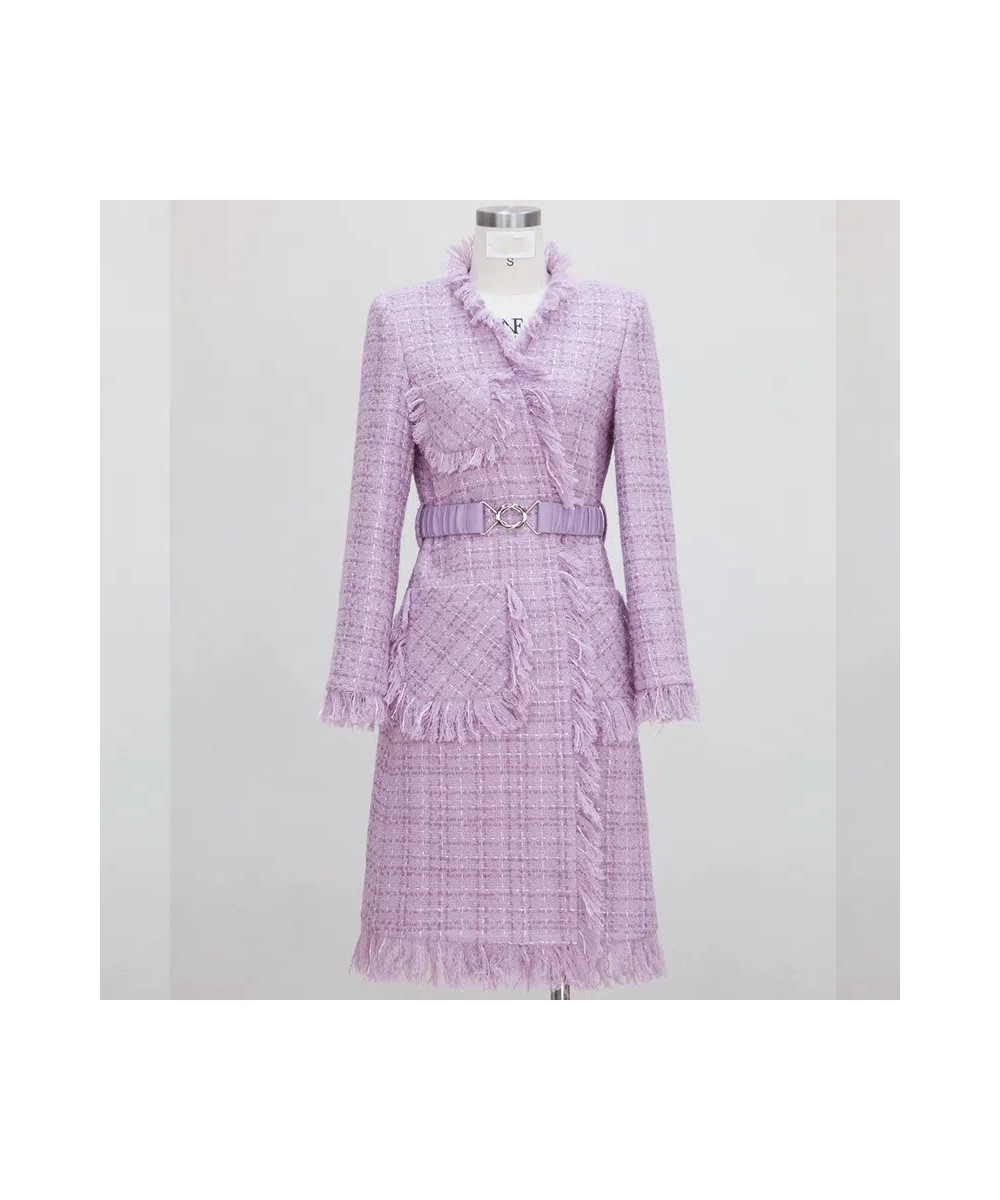 Women Winter Celebrity Purple Vintage Woven Lace-Up Woolen Jacket Tassel Tweed Mid-Length Wool Coat $81.33 - Jackets & Coats