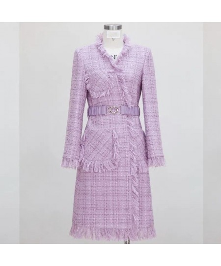 Women Winter Celebrity Purple Vintage Woven Lace-Up Woolen Jacket Tassel Tweed Mid-Length Wool Coat $81.33 - Jackets & Coats