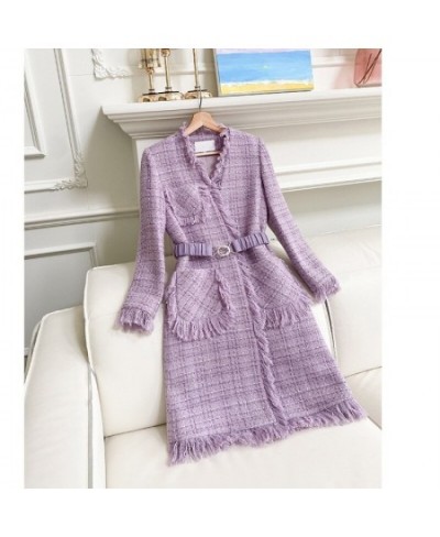 Women Winter Celebrity Purple Vintage Woven Lace-Up Woolen Jacket Tassel Tweed Mid-Length Wool Coat $81.33 - Jackets & Coats