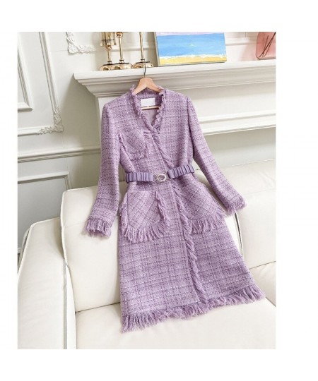 Women Winter Celebrity Purple Vintage Woven Lace-Up Woolen Jacket Tassel Tweed Mid-Length Wool Coat $81.33 - Jackets & Coats