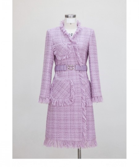 Women Winter Celebrity Purple Vintage Woven Lace-Up Woolen Jacket Tassel Tweed Mid-Length Wool Coat $81.33 - Jackets & Coats