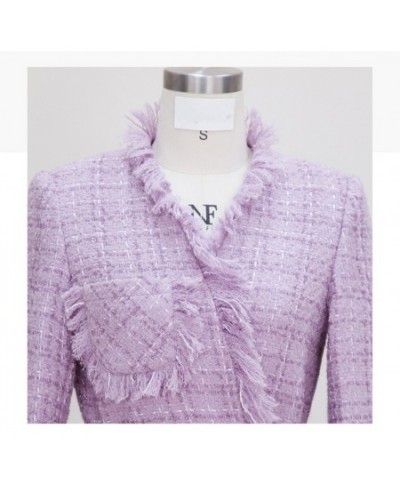 Women Winter Celebrity Purple Vintage Woven Lace-Up Woolen Jacket Tassel Tweed Mid-Length Wool Coat $81.33 - Jackets & Coats