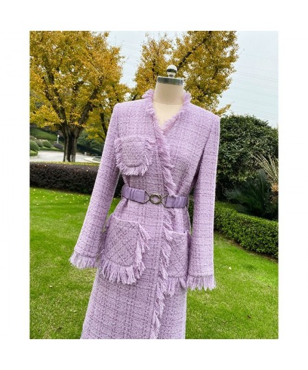 Women Winter Celebrity Purple Vintage Woven Lace-Up Woolen Jacket Tassel Tweed Mid-Length Wool Coat $81.33 - Jackets & Coats