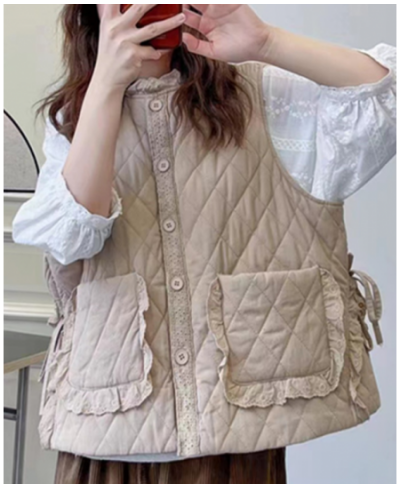 Women Parkas 2023 Winter Spring Solid Color Cardigan Lace Sleeveless Vest Warm Coat Pockets Mori Girl Fashion Vest Female $61...