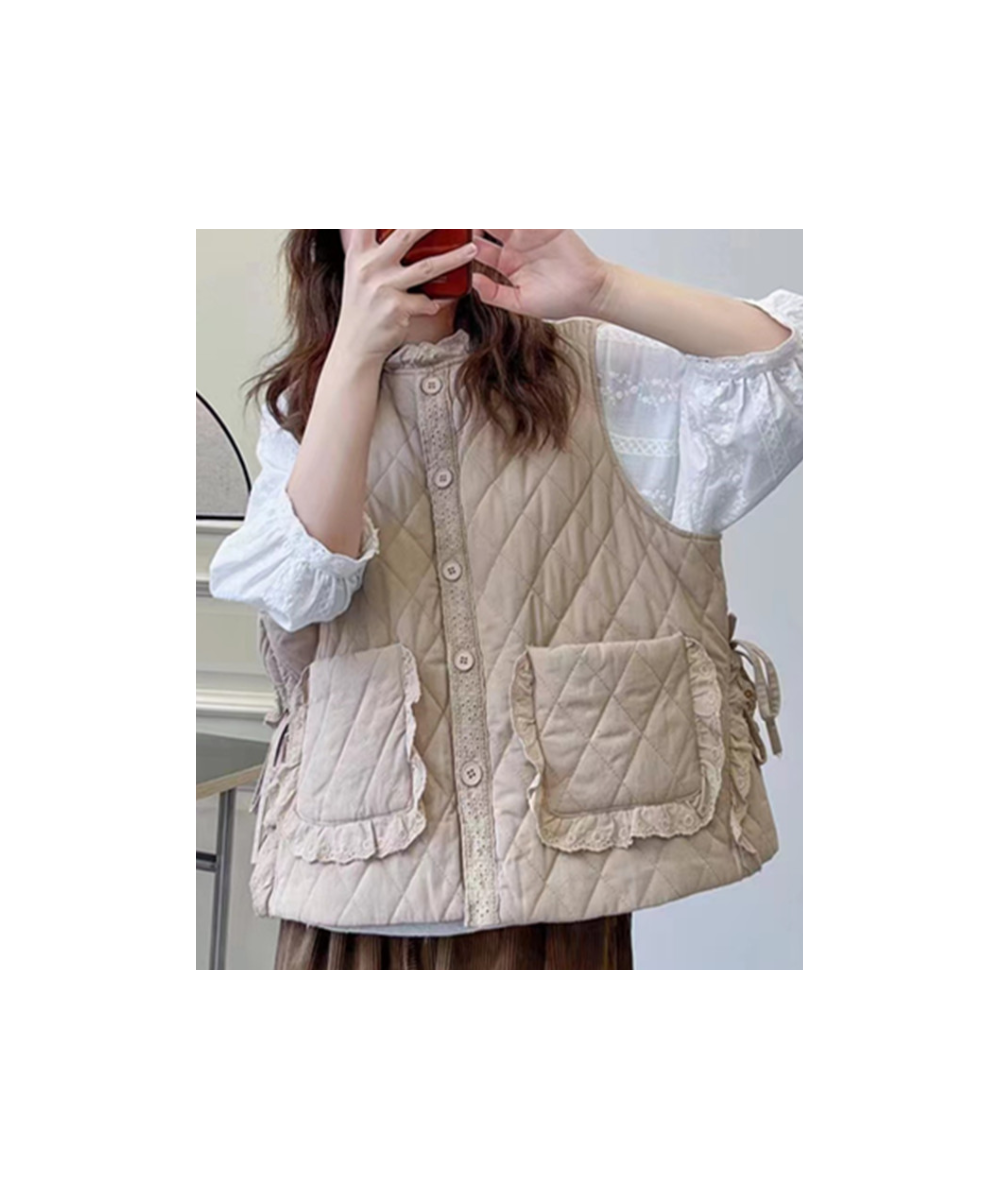 Women Parkas 2023 Winter Spring Solid Color Cardigan Lace Sleeveless Vest Warm Coat Pockets Mori Girl Fashion Vest Female $61...