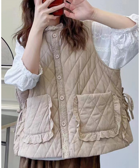 Women Parkas 2023 Winter Spring Solid Color Cardigan Lace Sleeveless Vest Warm Coat Pockets Mori Girl Fashion Vest Female $61...