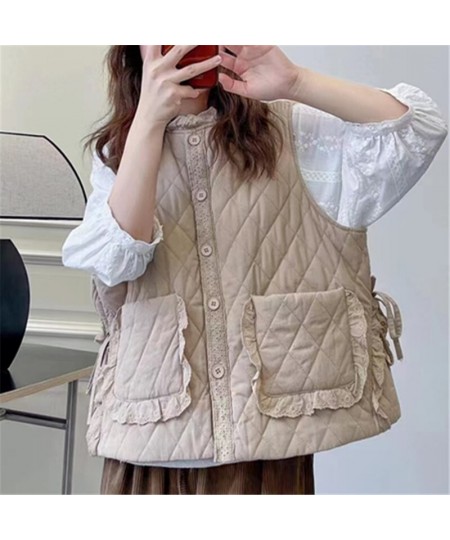 Women Parkas 2023 Winter Spring Solid Color Cardigan Lace Sleeveless Vest Warm Coat Pockets Mori Girl Fashion Vest Female $61...