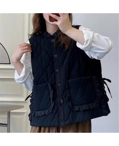 Women Parkas 2023 Winter Spring Solid Color Cardigan Lace Sleeveless Vest Warm Coat Pockets Mori Girl Fashion Vest Female $61...