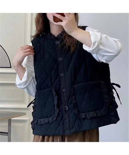 Women Parkas 2023 Winter Spring Solid Color Cardigan Lace Sleeveless Vest Warm Coat Pockets Mori Girl Fashion Vest Female $61...