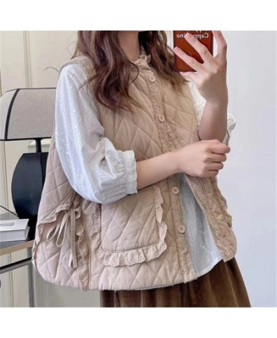 Women Parkas 2023 Winter Spring Solid Color Cardigan Lace Sleeveless Vest Warm Coat Pockets Mori Girl Fashion Vest Female $61...