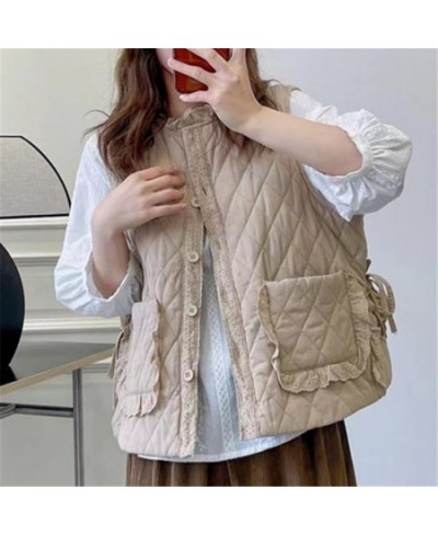 Women Parkas 2023 Winter Spring Solid Color Cardigan Lace Sleeveless Vest Warm Coat Pockets Mori Girl Fashion Vest Female $61...