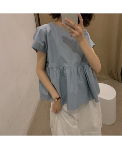 Cute O Neck Ruffle Short Sleeve Tops Summer White Yellow Blue Blouse Women High Waist Korean Elegant Peplum Kawaii Holiday $4...