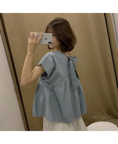 Cute O Neck Ruffle Short Sleeve Tops Summer White Yellow Blue Blouse Women High Waist Korean Elegant Peplum Kawaii Holiday $4...