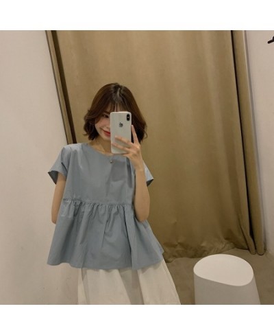 Cute O Neck Ruffle Short Sleeve Tops Summer White Yellow Blue Blouse Women High Waist Korean Elegant Peplum Kawaii Holiday $4...