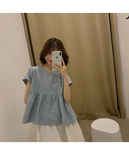 Cute O Neck Ruffle Short Sleeve Tops Summer White Yellow Blue Blouse Women High Waist Korean Elegant Peplum Kawaii Holiday $4...