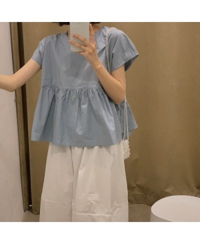 Cute O Neck Ruffle Short Sleeve Tops Summer White Yellow Blue Blouse Women High Waist Korean Elegant Peplum Kawaii Holiday $4...