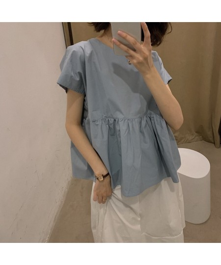 Cute O Neck Ruffle Short Sleeve Tops Summer White Yellow Blue Blouse Women High Waist Korean Elegant Peplum Kawaii Holiday $4...