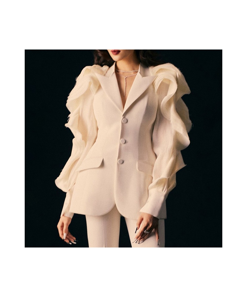 Haute Couture Blazer Women 2023 Autumn Fashionable Western Style Personality Lapel Gauze Splicing Puff Sleeves Slim Suit Jack...