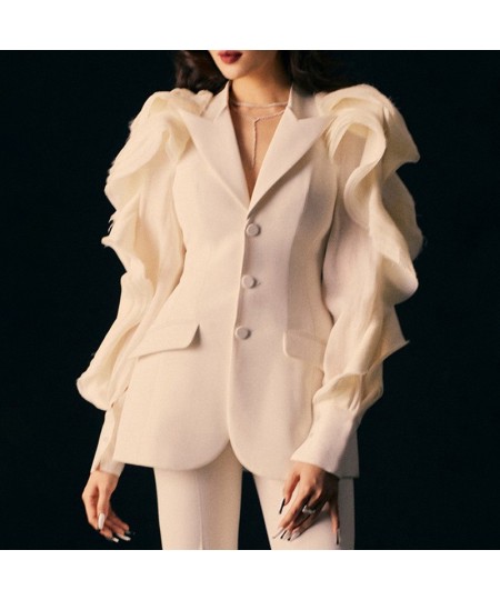 Haute Couture Blazer Women 2023 Autumn Fashionable Western Style Personality Lapel Gauze Splicing Puff Sleeves Slim Suit Jack...