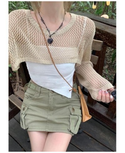 Y2k Harajuku Hollow Out T Shirt Women Knit Vintage Fairycore Grunge Tops Fashion Retro Smock Crop Tops See Through Tee $32.83...