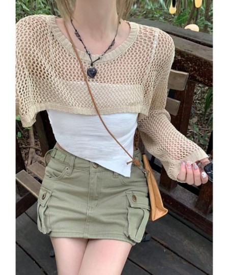 Y2k Harajuku Hollow Out T Shirt Women Knit Vintage Fairycore Grunge Tops Fashion Retro Smock Crop Tops See Through Tee $32.83...