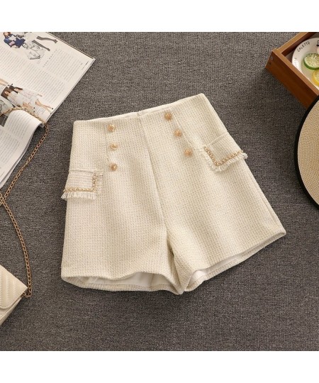 Chic Autumn Winter Tweed Shorts Two Piece Set Women Tassel V Neck Pocket Patchwork Chiffon Shirt + High Waist Button Shorts $...