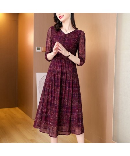 Vintage Casual Fashion High Waist Printed Dress Female Summer Commuter Elegant Ladies Three Quarter Sleeve Slim Midi Dresses ...