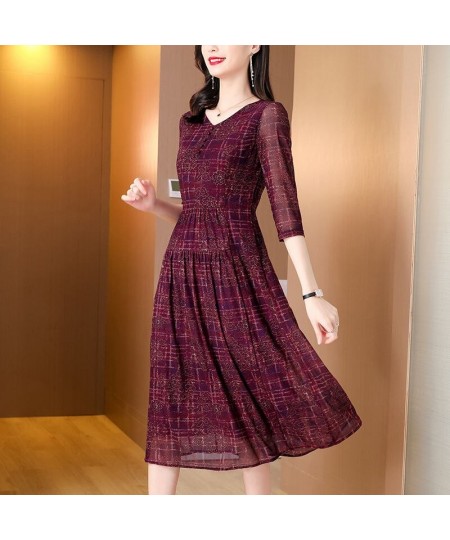 Vintage Casual Fashion High Waist Printed Dress Female Summer Commuter Elegant Ladies Three Quarter Sleeve Slim Midi Dresses ...