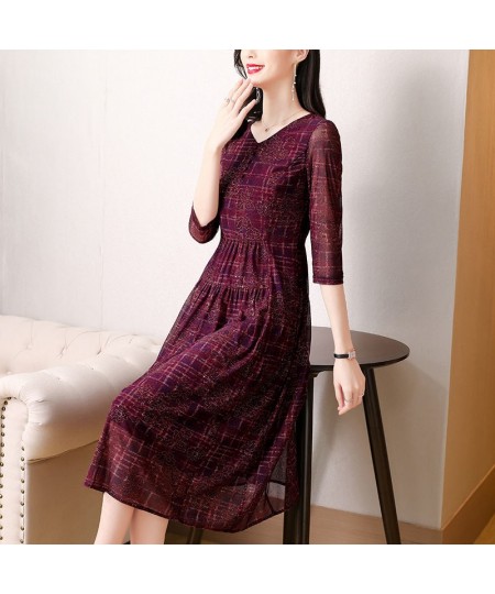 Vintage Casual Fashion High Waist Printed Dress Female Summer Commuter Elegant Ladies Three Quarter Sleeve Slim Midi Dresses ...