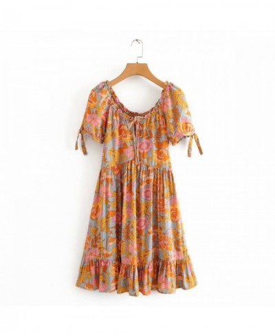 Bohemian Floral Dress V Neck Short Sleeve A Line Shape Ruffles Rayon Cotton Boho Vintage Vestidos Summer Dresses Women $51.31...