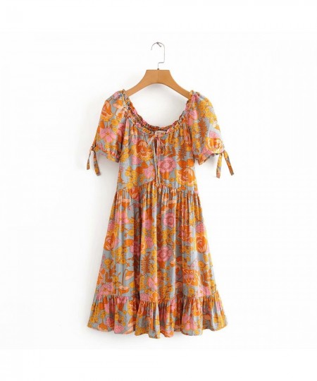 Bohemian Floral Dress V Neck Short Sleeve A Line Shape Ruffles Rayon Cotton Boho Vintage Vestidos Summer Dresses Women $51.31...