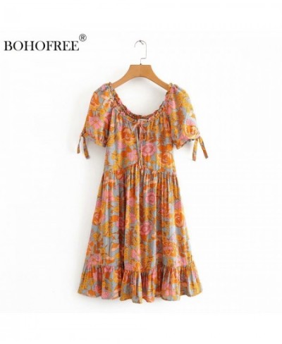 Bohemian Floral Dress V Neck Short Sleeve A Line Shape Ruffles Rayon Cotton Boho Vintage Vestidos Summer Dresses Women $51.31...