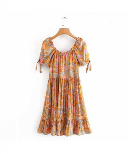 Bohemian Floral Dress V Neck Short Sleeve A Line Shape Ruffles Rayon Cotton Boho Vintage Vestidos Summer Dresses Women $51.31...