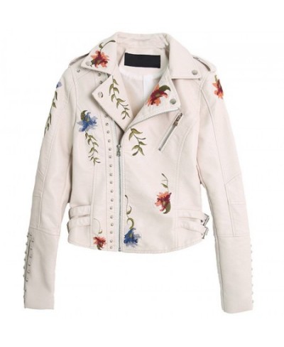 Spring Autumn Casual Flowers Embroidery Pu Leather Short Jacket Women Turn-down Collar Rivet Zipper Moto Biker Coats Tops $81...