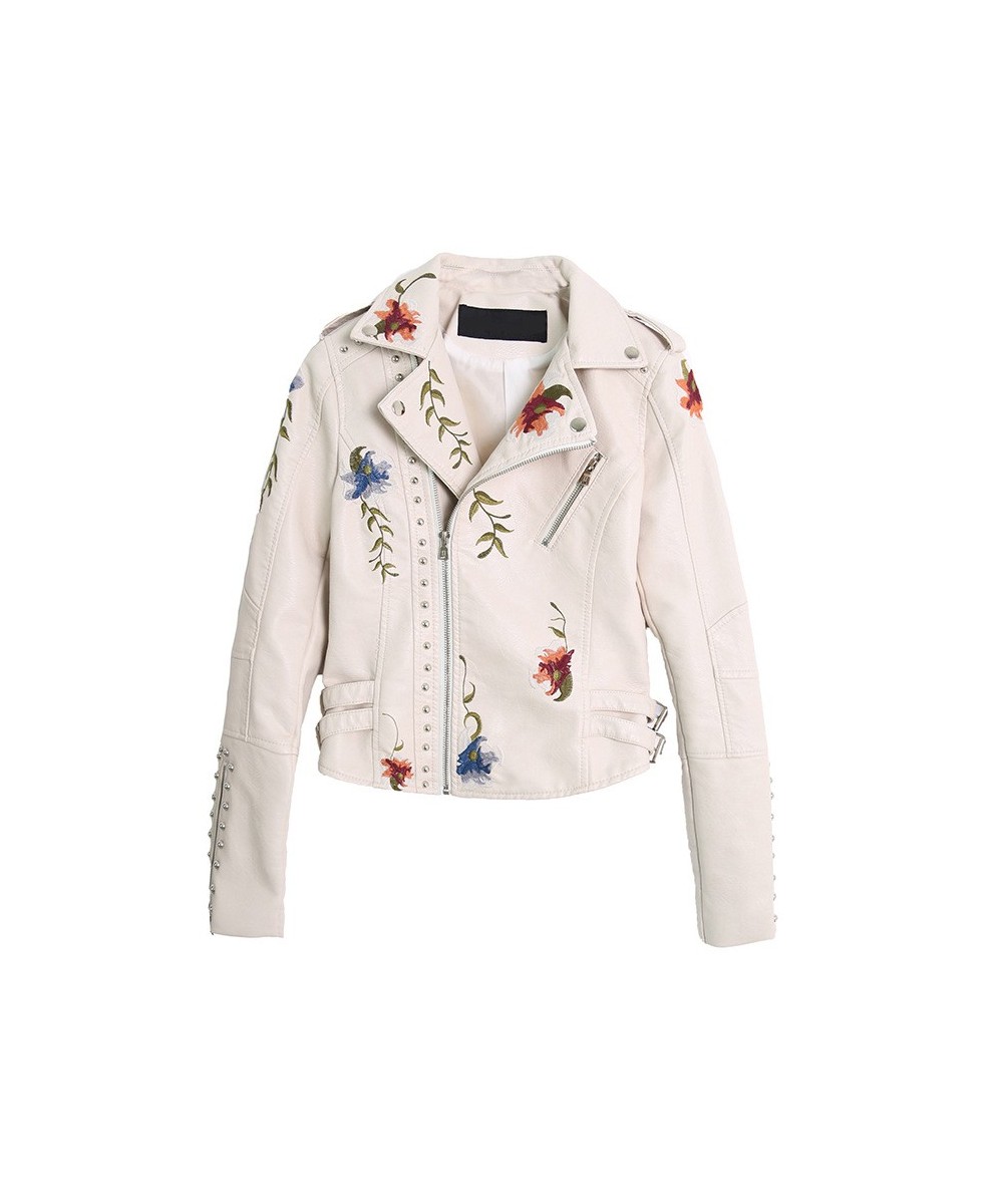 Spring Autumn Casual Flowers Embroidery Pu Leather Short Jacket Women Turn-down Collar Rivet Zipper Moto Biker Coats Tops $81...