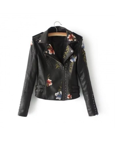 Spring Autumn Casual Flowers Embroidery Pu Leather Short Jacket Women Turn-down Collar Rivet Zipper Moto Biker Coats Tops $81...