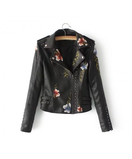 Spring Autumn Casual Flowers Embroidery Pu Leather Short Jacket Women Turn-down Collar Rivet Zipper Moto Biker Coats Tops $81...