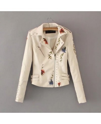 Spring Autumn Casual Flowers Embroidery Pu Leather Short Jacket Women Turn-down Collar Rivet Zipper Moto Biker Coats Tops $81...