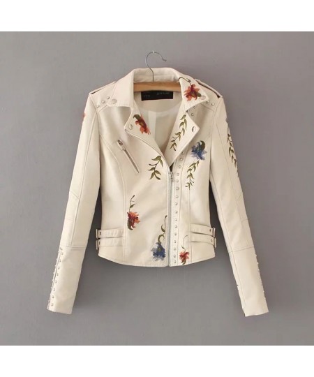 Spring Autumn Casual Flowers Embroidery Pu Leather Short Jacket Women Turn-down Collar Rivet Zipper Moto Biker Coats Tops $81...