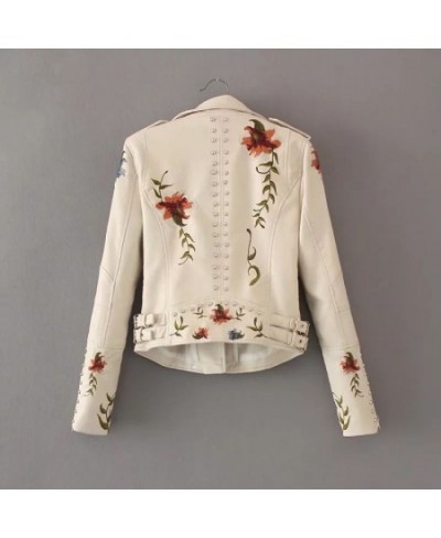 Spring Autumn Casual Flowers Embroidery Pu Leather Short Jacket Women Turn-down Collar Rivet Zipper Moto Biker Coats Tops $81...