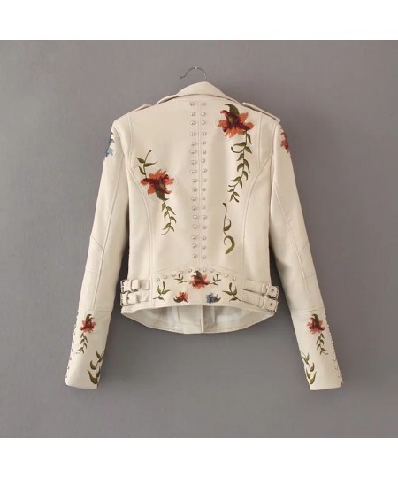 Spring Autumn Casual Flowers Embroidery Pu Leather Short Jacket Women Turn-down Collar Rivet Zipper Moto Biker Coats Tops $81...