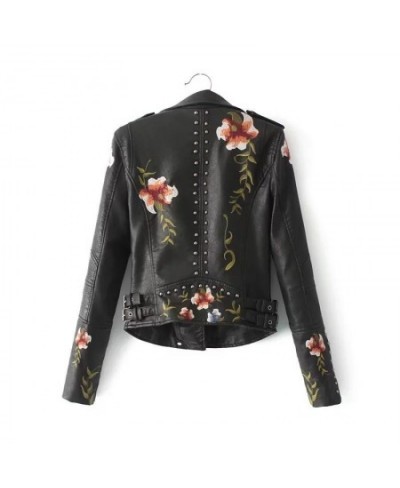 Spring Autumn Casual Flowers Embroidery Pu Leather Short Jacket Women Turn-down Collar Rivet Zipper Moto Biker Coats Tops $81...