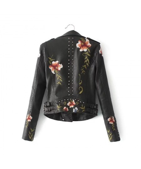 Spring Autumn Casual Flowers Embroidery Pu Leather Short Jacket Women Turn-down Collar Rivet Zipper Moto Biker Coats Tops $81...