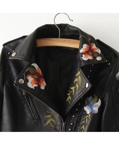 Spring Autumn Casual Flowers Embroidery Pu Leather Short Jacket Women Turn-down Collar Rivet Zipper Moto Biker Coats Tops $81...