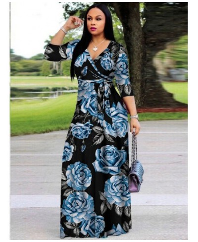 Elegant Fashion Floral Print Fit and Flare Dress Woman Deep V Neck Three Quarter Sleeve Vestidos Vintage Bohemian Maxi Dresse...