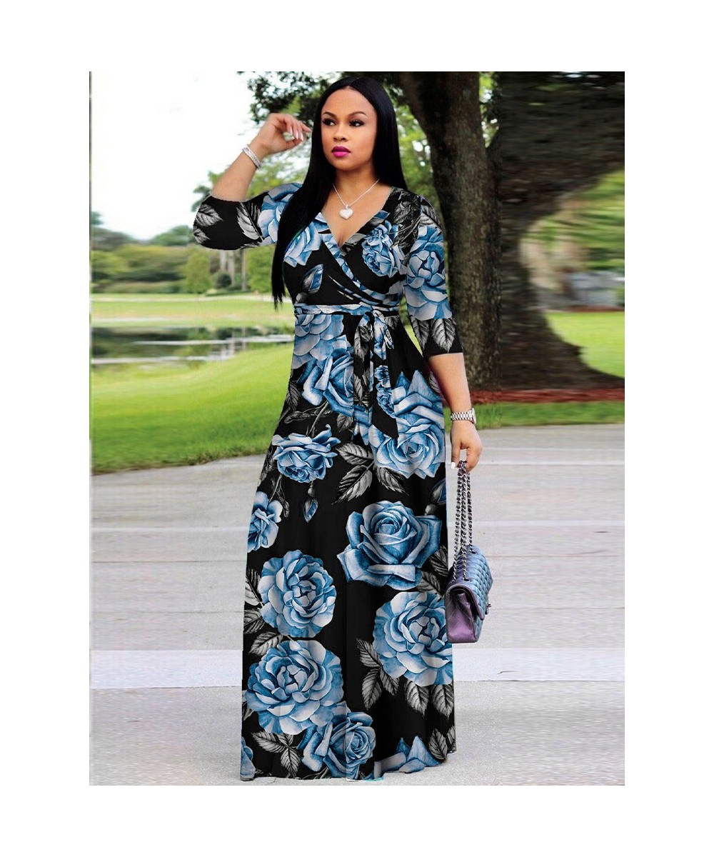 Elegant Fashion Floral Print Fit and Flare Dress Woman Deep V Neck Three Quarter Sleeve Vestidos Vintage Bohemian Maxi Dresse...