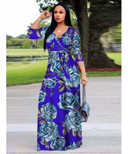 Elegant Fashion Floral Print Fit and Flare Dress Woman Deep V Neck Three Quarter Sleeve Vestidos Vintage Bohemian Maxi Dresse...